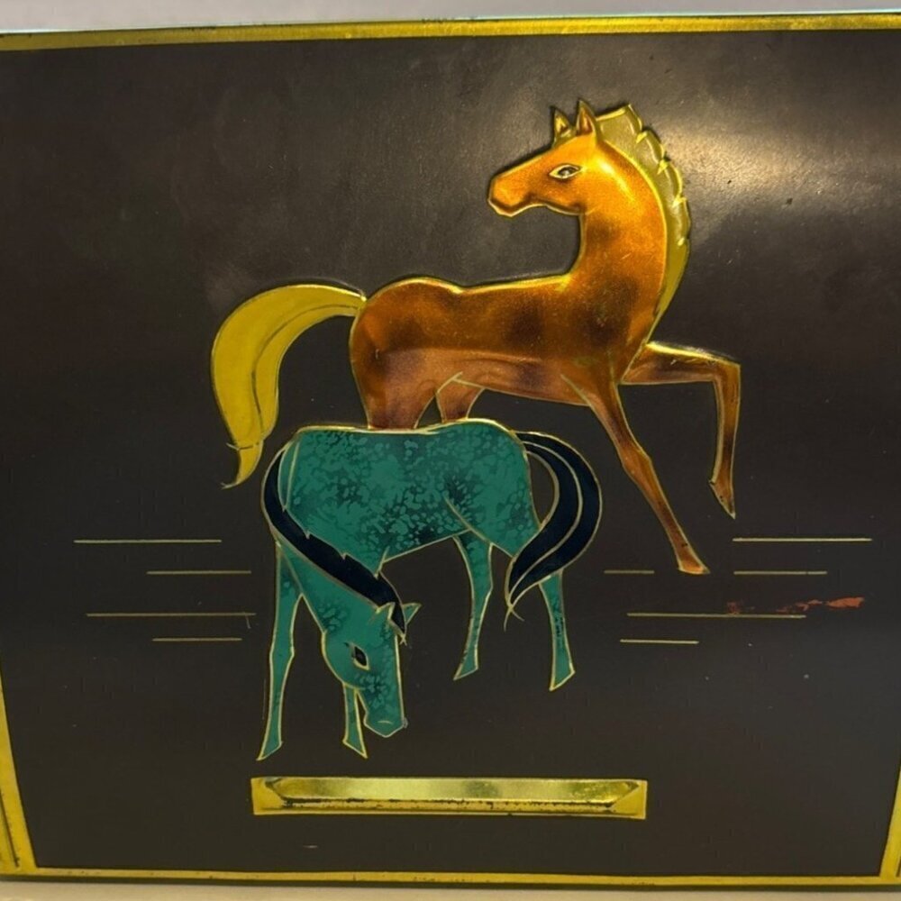 Vintage MCM Metal Tin Trinket Storage Box Horses Hinged Lid Western Germany